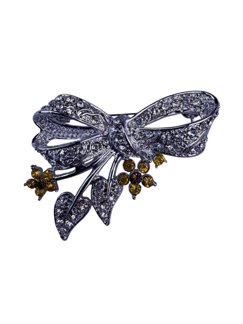 Silver Tone Womens Bow Brooch With Yellow Rhinestones Floral Design Gift Boxed